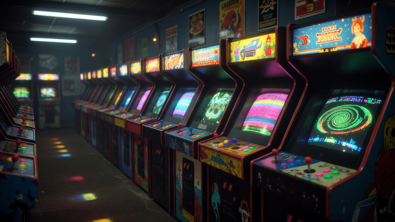 Row of Arcade Cabinets Lit Up in a Retro Game Arcade