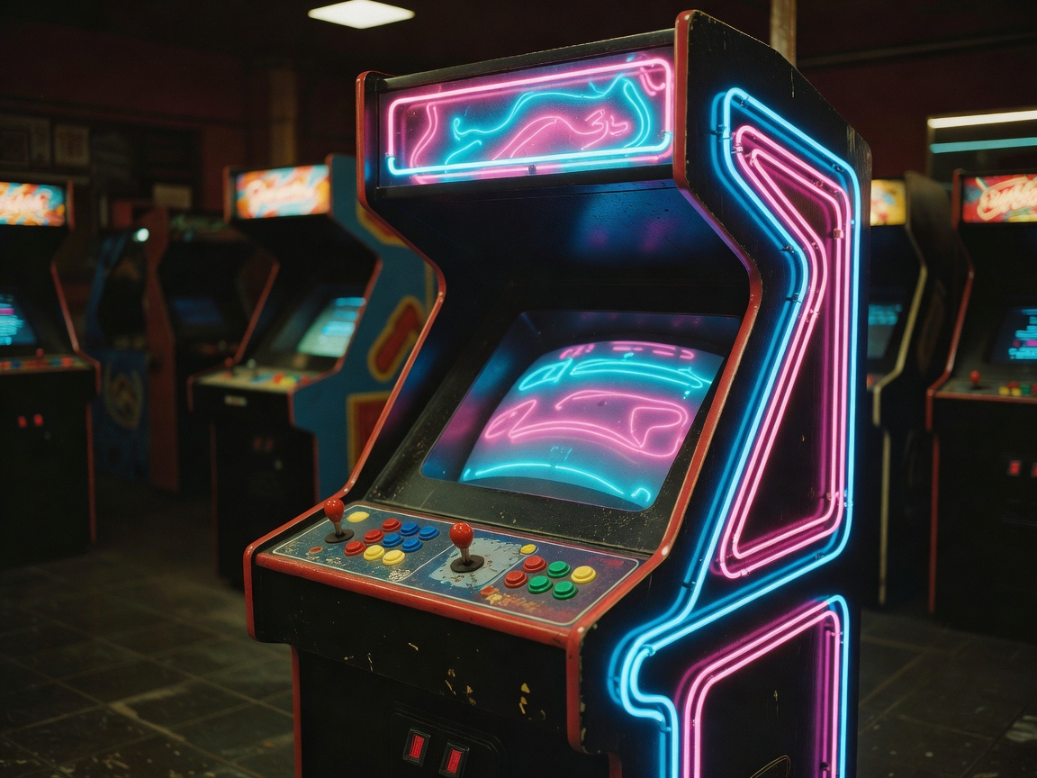 Vintage Arcade Cabinet Neon Lights and Controls Display
