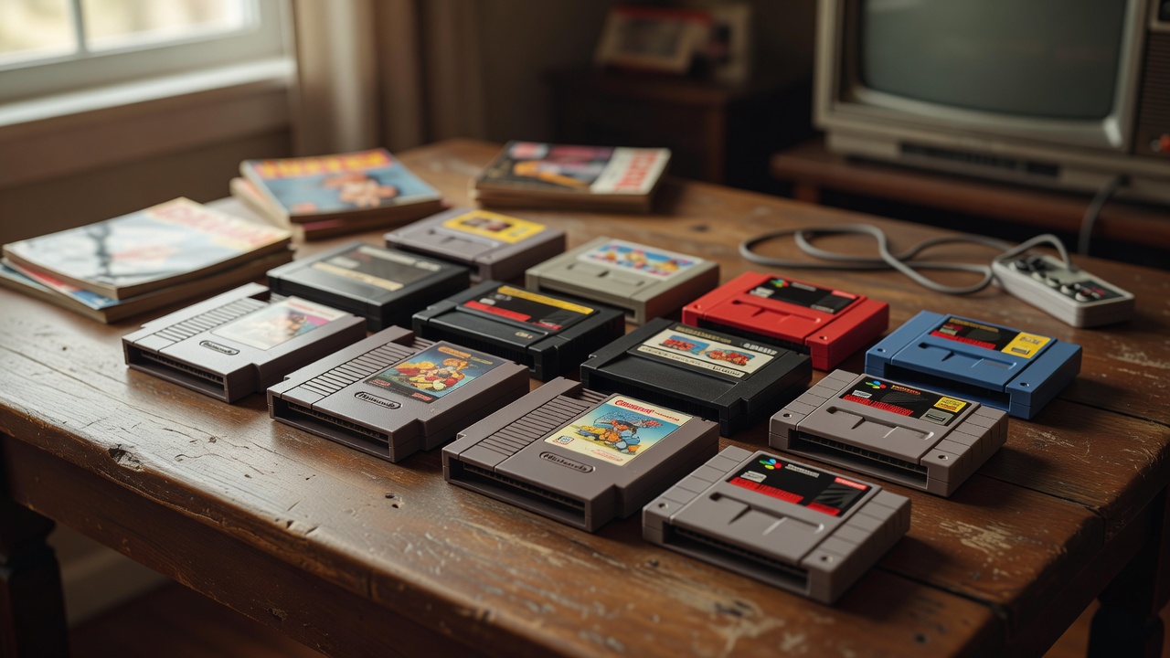 Vintage Retro Game Cartridges Arranged on Table